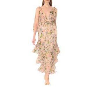 Christy Lynn Silk Crinkle Chiffon Plunge Alexa Tiered Midi Dress Lilac Floral XS